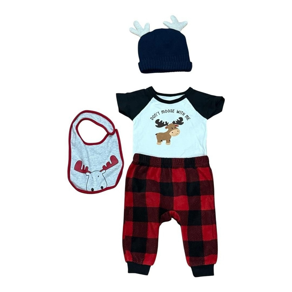 Canadiana Baby Outfit Set 6-9M Red Buffalo Plaid Moose Bodysuit Pants Bib Hat